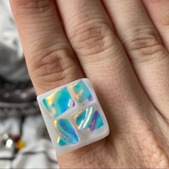 Holographic Homemade Ring w White Stone Base Size 8 Adjustable - Picture 1 of 7